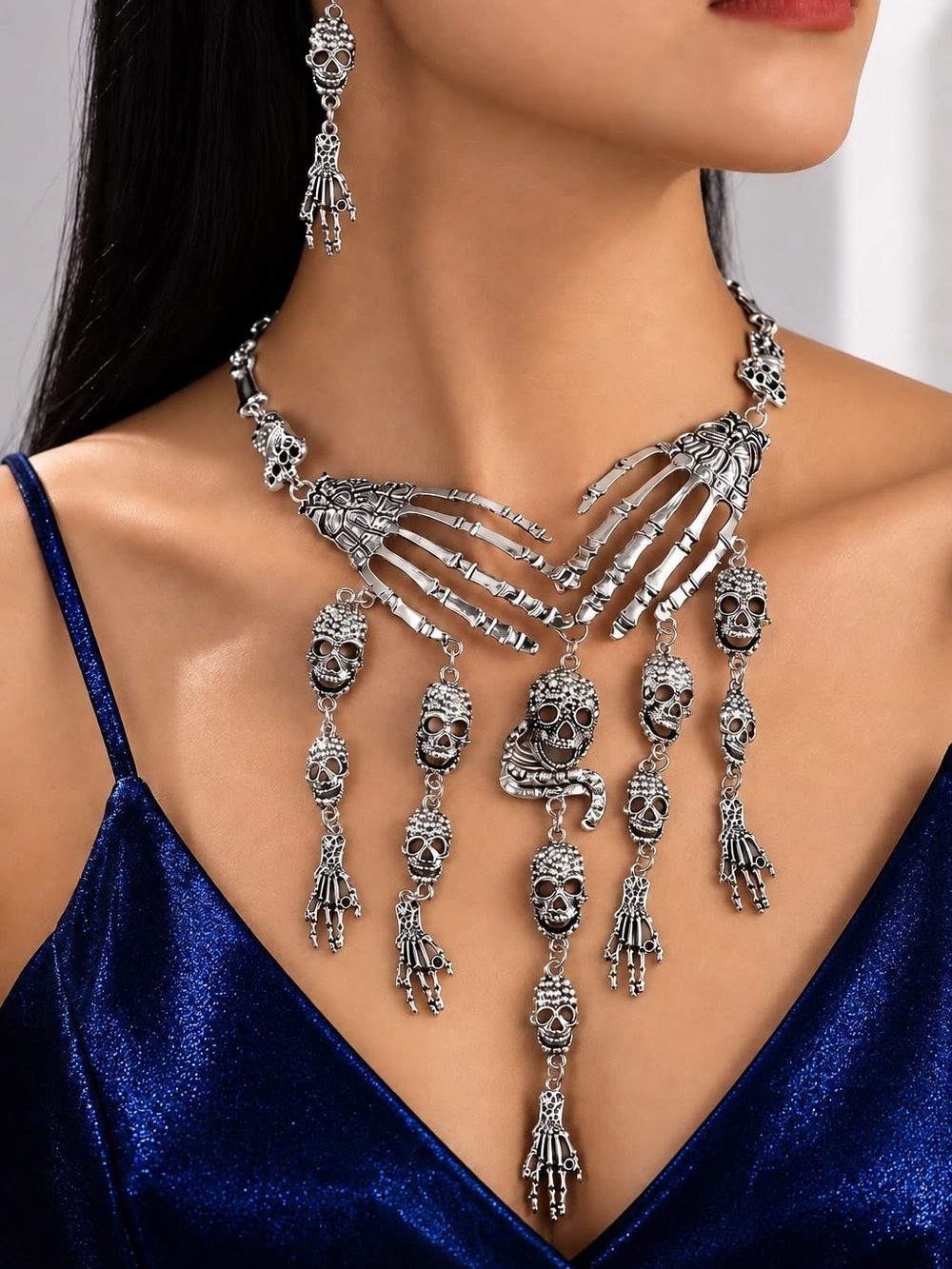 Gothic Silver Skeleton Hand & Skull Statement Necklace - Women Jewelry